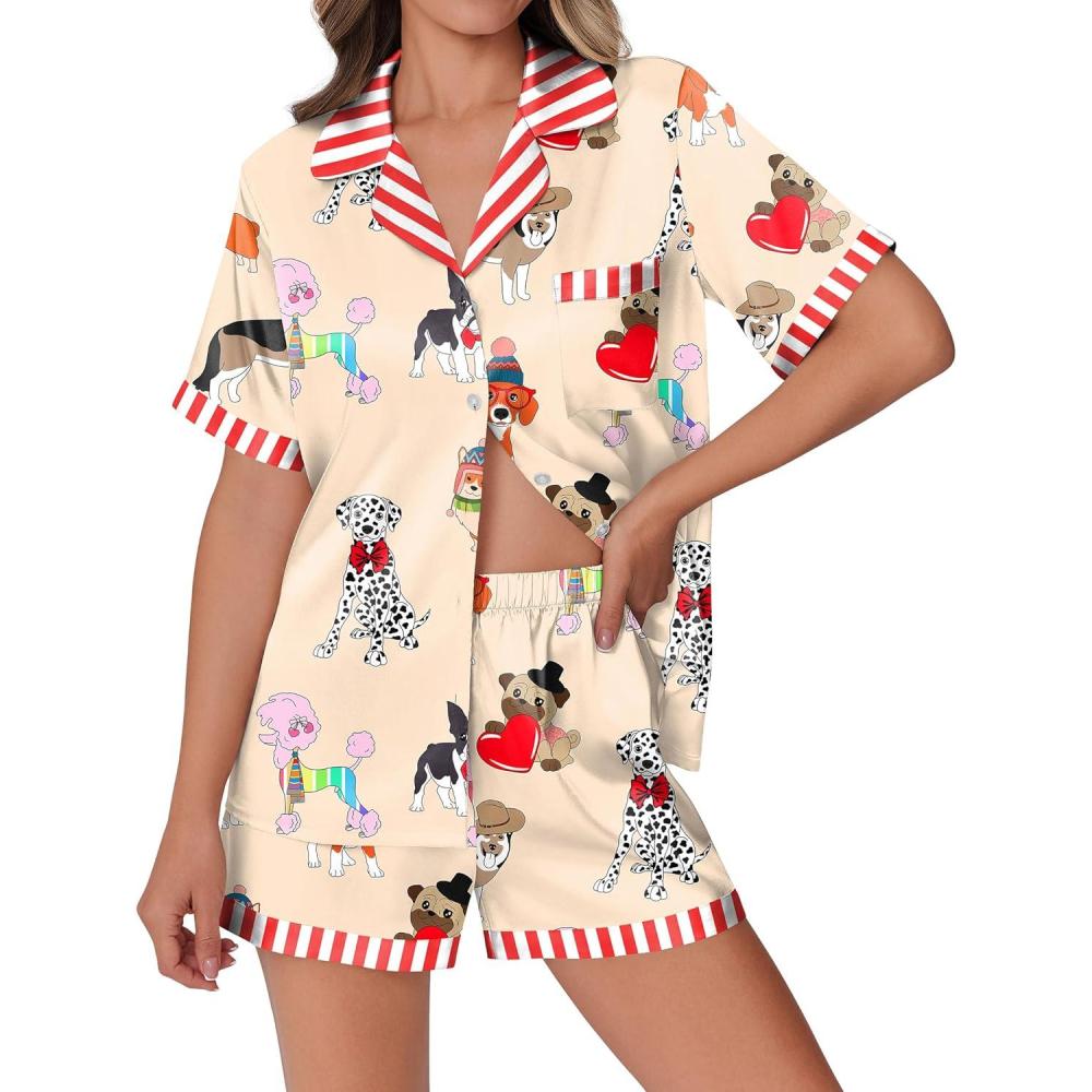 imageEkouaer Womens Silk Satin Pajamas Set Animals Print Pjs Button Down Short Sleeve Lounge Set 2 Piece SleepwearColored Puppy