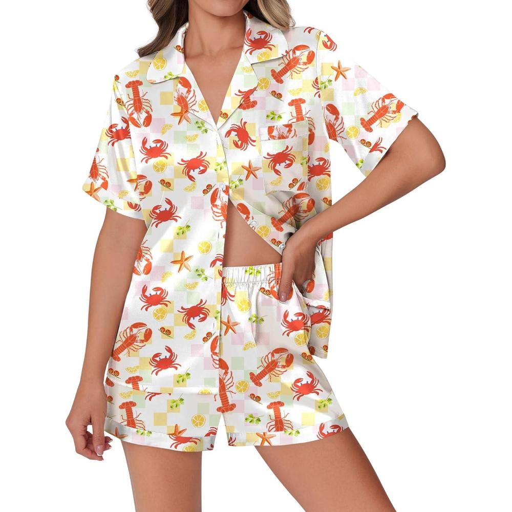 imageEkouaer Womens Silk Satin Pajamas Set Animals Print Pjs Button Down Short Sleeve Lounge Set 2 Piece SleepwearCrayfish