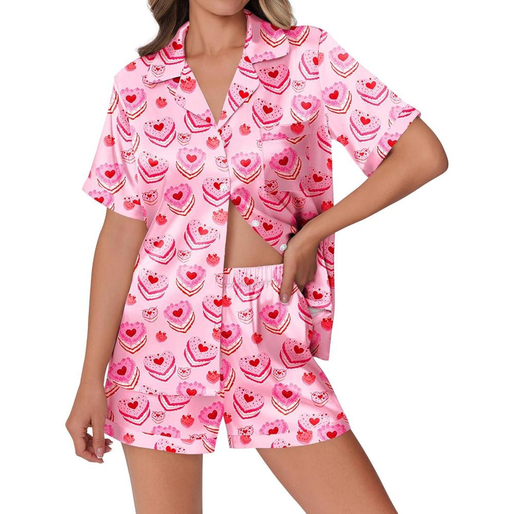imageEkouaer Womens Silk Satin Pajamas Set Animals Print Pjs Button Down Short Sleeve Lounge Set 2 Piece SleepwearPink Cake