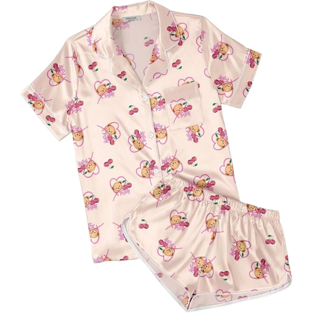 imageEkouaer Womens Silk Satin Pajamas Short Sleeve PJS Shorts Set Soft Button Down Sleepwear 2 Piece Loungewear S5XLBeige Teddy Bear