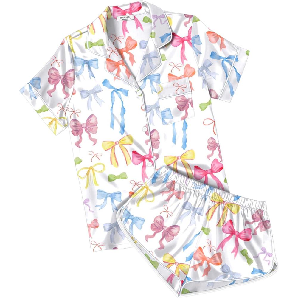 imageEkouaer Womens Silk Satin Pajamas Short Sleeve PJS Shorts Set Soft Button Down Sleepwear 2 Piece Loungewear S5XLColorful Bow Print