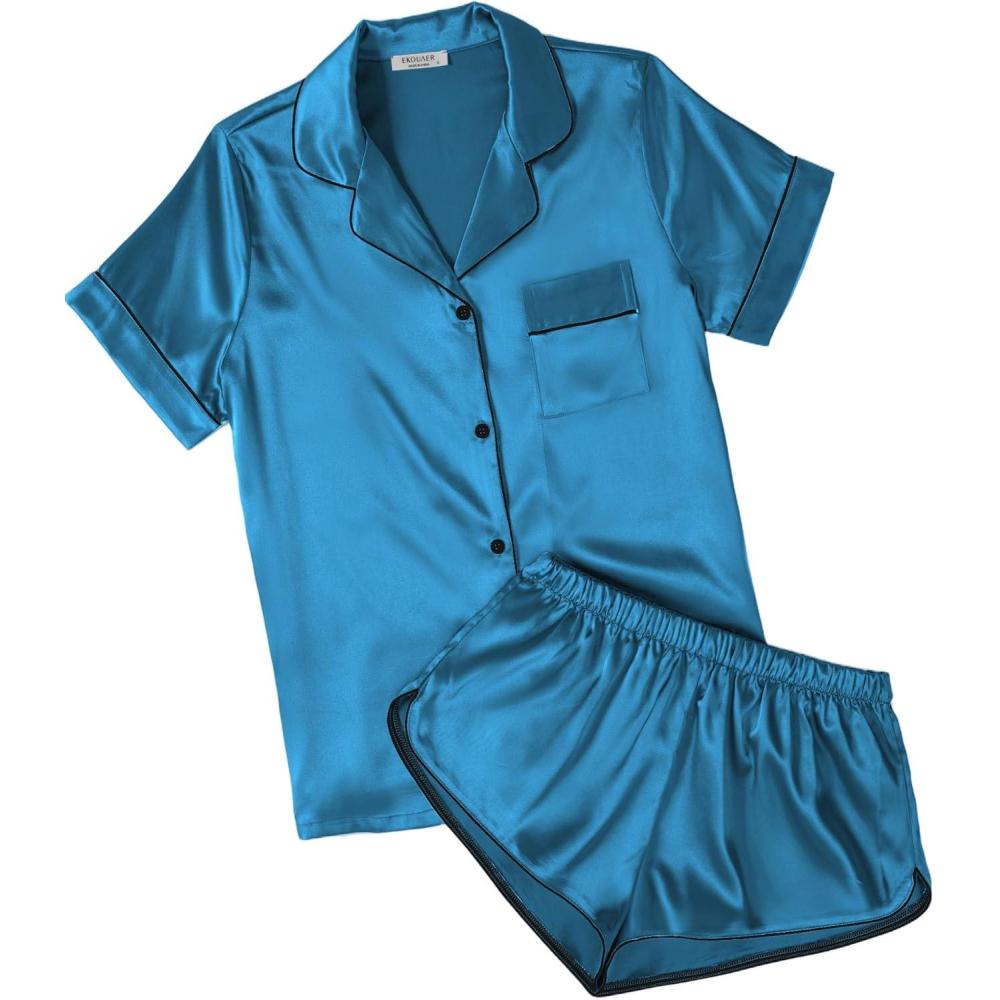 imageEkouaer Womens Silk Satin Pajamas Short Sleeve PJS Shorts Set Soft Button Down Sleepwear 2 Piece Loungewear S5XLDark Blue