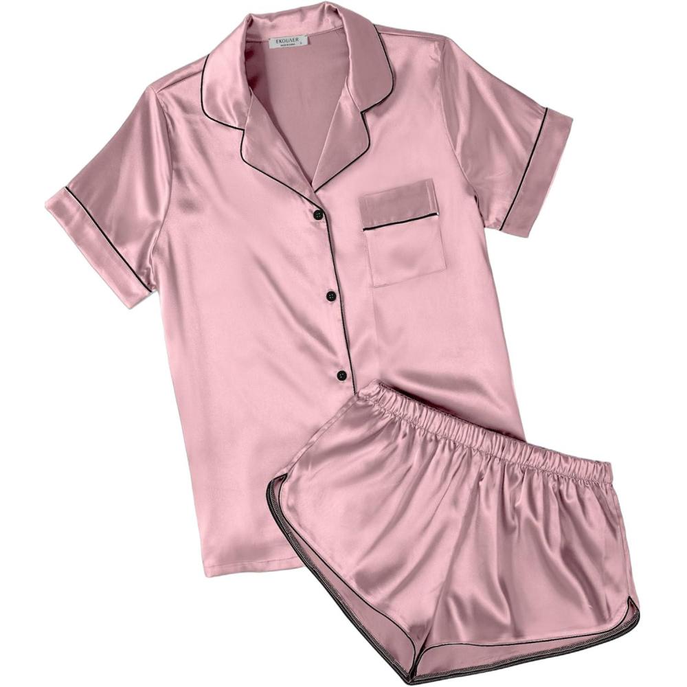 imageEkouaer Womens Silk Satin Pajamas Short Sleeve PJS Shorts Set Soft Button Down Sleepwear 2 Piece Loungewear S5XLDark Pink