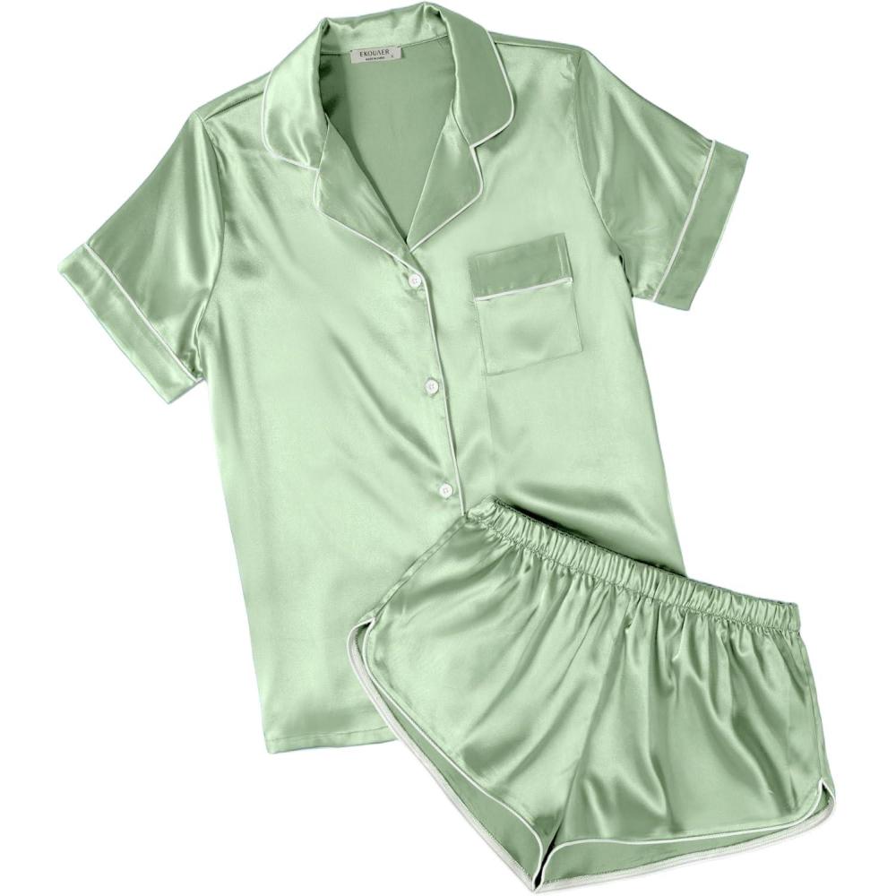 imageEkouaer Womens Silk Satin Pajamas Short Sleeve PJS Shorts Set Soft Button Down Sleepwear 2 Piece Loungewear S5XLIce Green