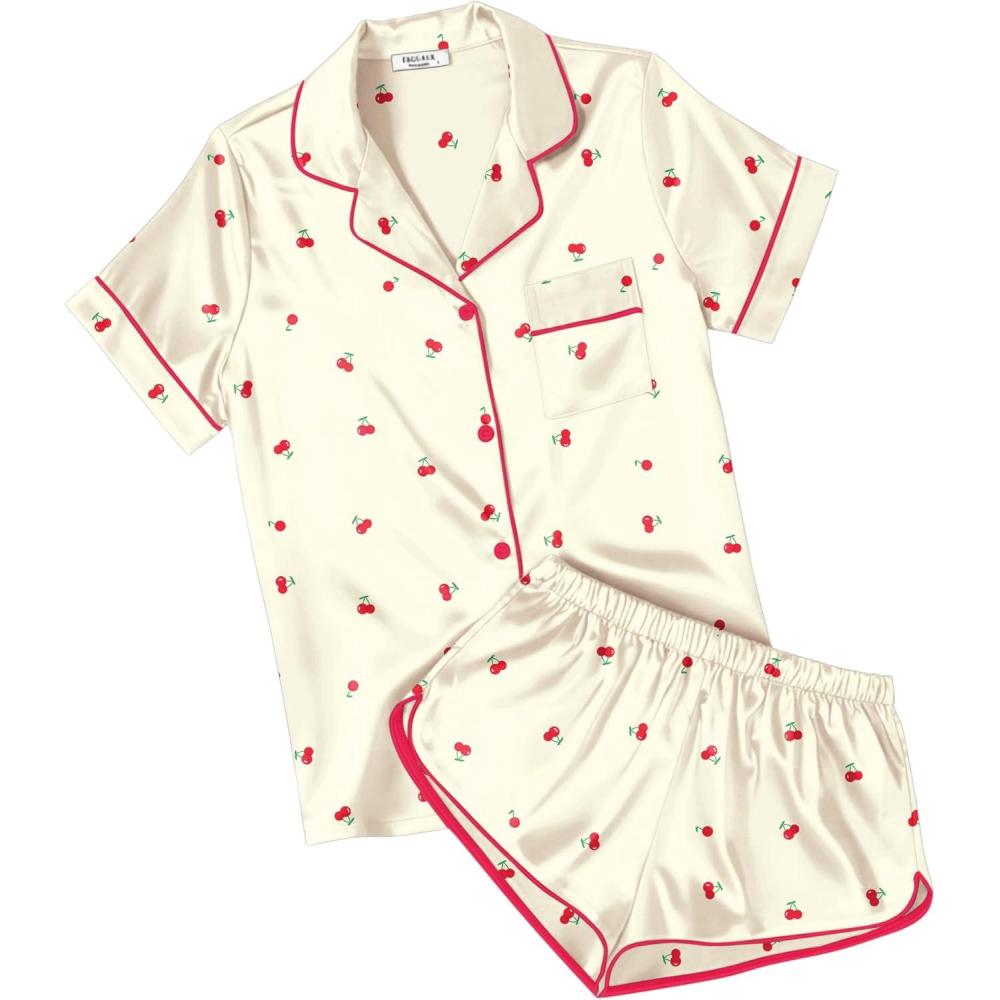 imageEkouaer Womens Silk Satin Pajamas Short Sleeve PJS Shorts Set Soft Button Down Sleepwear 2 Piece Loungewear S5XLLight Yellow Cherry Print