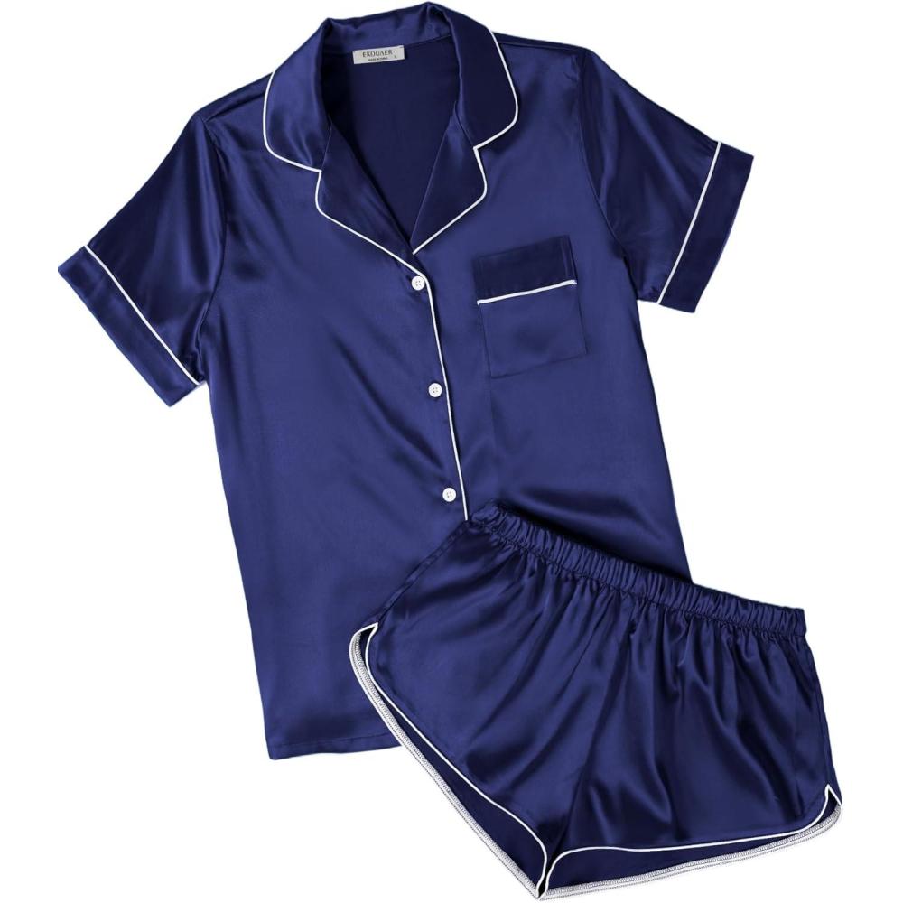 imageEkouaer Womens Silk Satin Pajamas Short Sleeve PJS Shorts Set Soft Button Down Sleepwear 2 Piece Loungewear S5XLNavy Blue