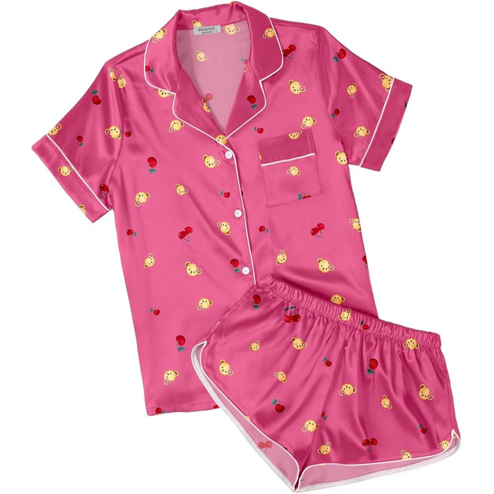 imageEkouaer Womens Silk Satin Pajamas Short Sleeve PJS Shorts Set Soft Button Down Sleepwear 2 Piece Loungewear S5XLRose Pink Teddy Bear