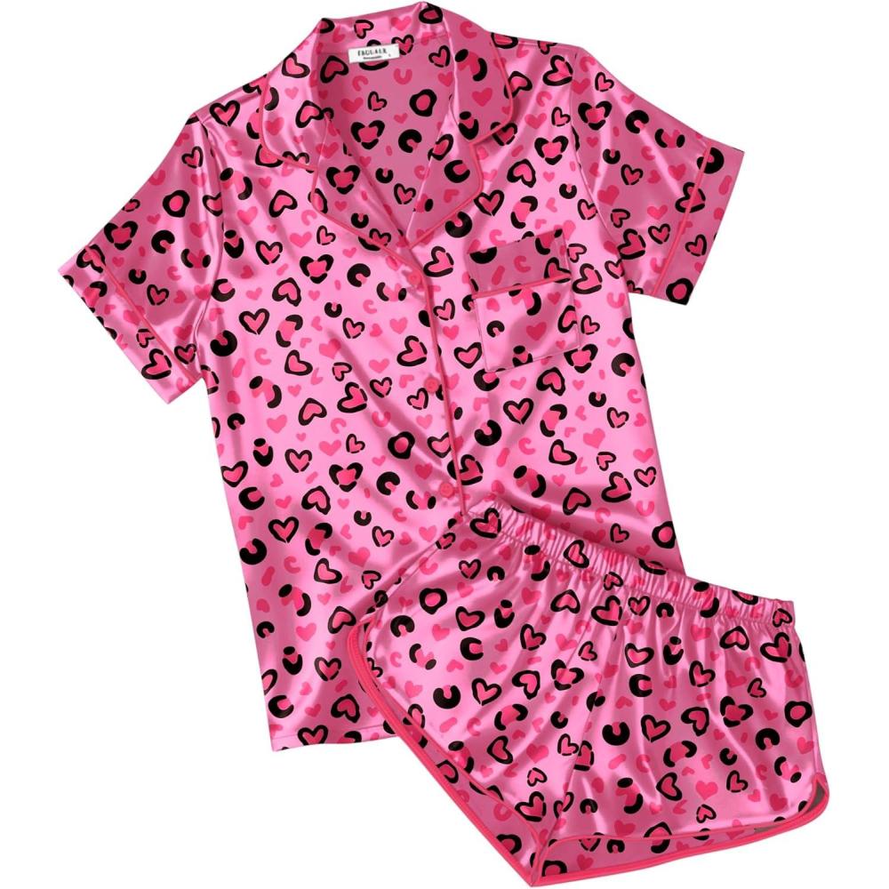 imageEkouaer Womens Silk Satin Pajamas Short Sleeve PJS Shorts Set Soft Button Down Sleepwear 2 Piece Loungewear S5XLRose Red Heart Leopard Print