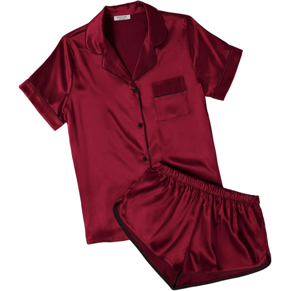 imageEkouaer Womens Silk Satin Pajamas Short Sleeve PJS Shorts Set Soft Button Down Sleepwear 2 Piece Loungewear S5XLWine Red