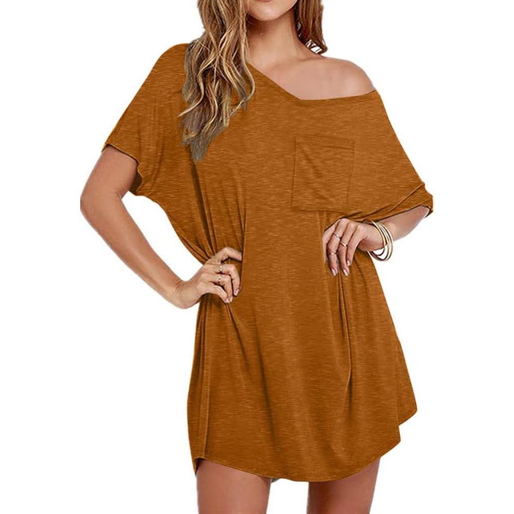 imageEkouaer Womens Tshirt Nightgown Cotton V Neck Sleepshirts Comfy Casual Nightshirt for WomenCaramel