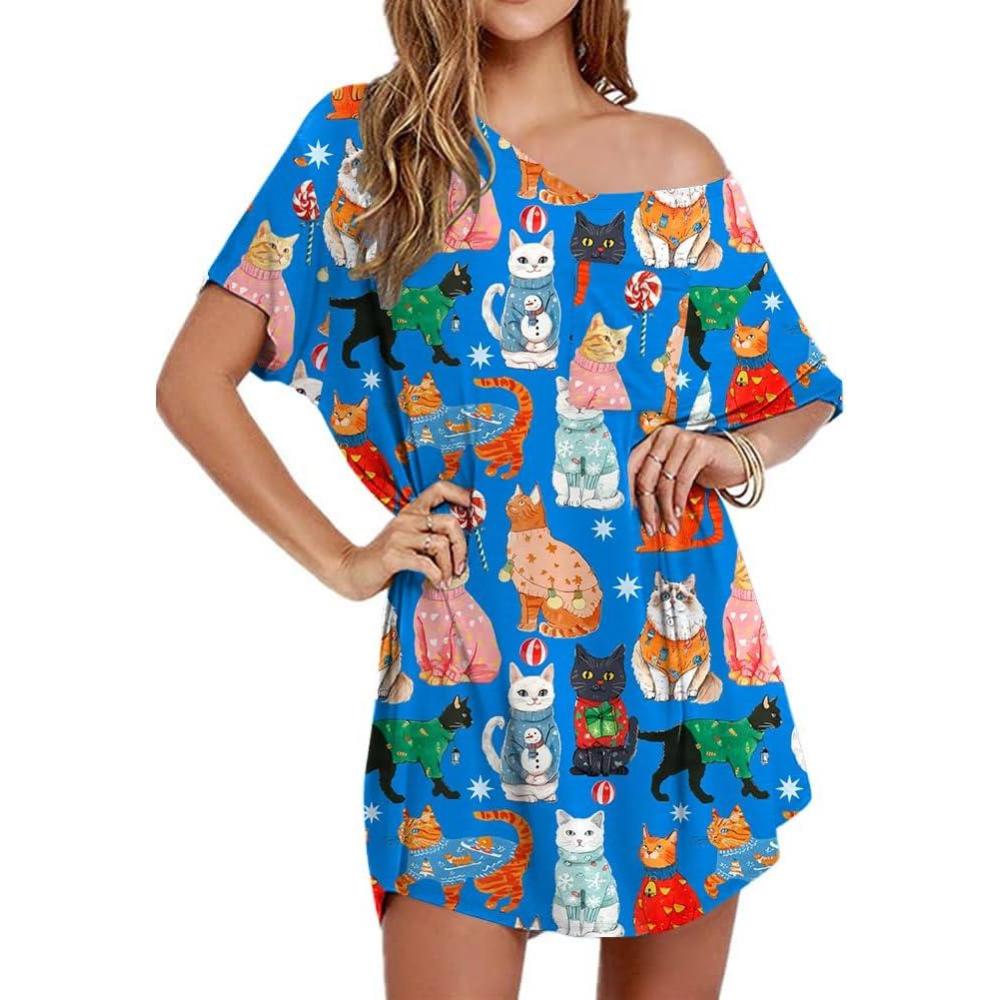 imageEkouaer Womens Tshirt Nightgown Cotton V Neck Sleepshirts Comfy Casual Nightshirt for WomenCat Blue