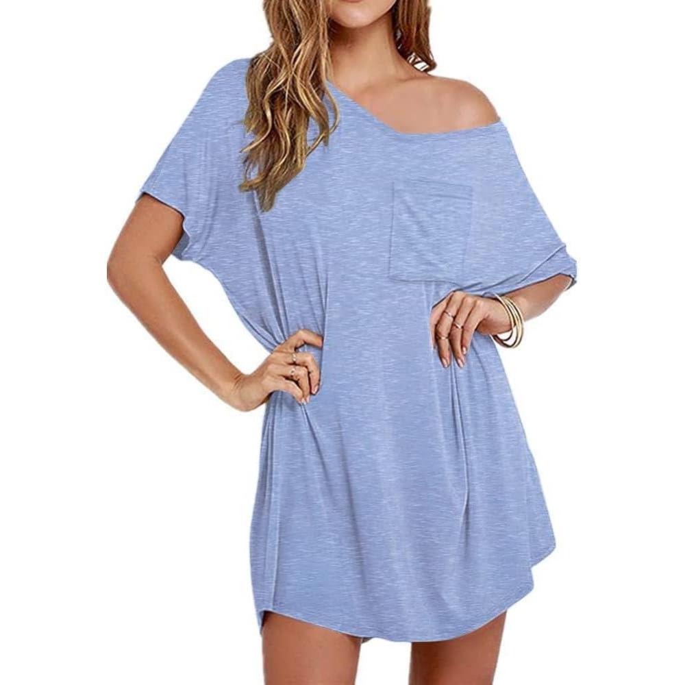 imageEkouaer Womens Tshirt Nightgown Cotton V Neck Sleepshirts Comfy Casual Nightshirt for WomenLight Blue