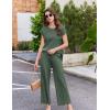 Ekouaer Lounge Sets for Women Two Piece Outfits Knit Cap Sleeve Tops Wide Leg Pleated Pants Casual Dressy Sweater Sets(Dark Green)