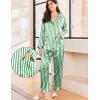 Ekouaer Silk Pajamas for Women Classic Button Down Satin Pajama Sets Long Sleeve Lounge Set(Green White Stripe)