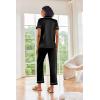 Ekouaer Silk Satin Pajamas Set Women Short Sleeve Sleepwear Soft Button Down Loungewear Pjs Set(Black)