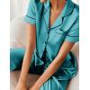 Ekouaer Silk Satin Pajamas Set Women Short Sleeve Sleepwear Soft Button Down Loungewear Pjs Set(Blue Green)