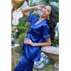 Ekouaer Silk Satin Pajamas Set Women Short Sleeve Sleepwear Soft Button Down Loungewear Pjs Set(Dark Blue)