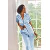 Ekouaer Silk Satin Pajamas Set Women Short Sleeve Sleepwear Soft Button Down Loungewear Pjs Set(Light Blue)