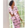 Ekouaer Silk Satin Pajamas Set Women Short Sleeve Sleepwear Soft Button Down Loungewear Pjs Set(Pink Leopard)