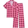 Ekouaer Women Pajamas Set Button Down Sleepwear Short Sleeve Nightwear with Long Pants Soft Pjs Set S-XXL(Hot Pink Plaid)
