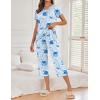 Ekouaer Women’s Capri Pajama Sets Print Short Sleeve Sleepwear Top and Capri Pants Soft Loungewear with Pocket(Blue Elephant)