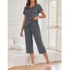 Ekouaer Women’s Capri Pajama Sets Print Short Sleeve Sleepwear Top and Capri Pants Soft Loungewear with Pocket(Dark Grey)