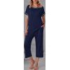 Ekouaer Women’s Capri Pajama Sets Print Short Sleeve Sleepwear Top and Capri Pants Soft Loungewear with Pocket(Navy Blue)