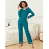 Ekouaer Womens Pajama Sets 2 piece Lounge Sets for Women V-neck Long Sleeve Top and Elastic Waist Pants with Pockets(Blue Green)