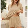 Ekouaer Womens Pajamas 2 Piece Ribbed Knit Pjs Short Sleeve Sleepwear Set Summer Soft Pajamas Set Casual Lounge Sets(Beige)