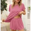 Ekouaer Womens Pajamas 2 Piece Ribbed Knit Pjs Short Sleeve Sleepwear Set Summer Soft Pajamas Set Casual Lounge Sets(Dark Pink)