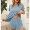 Ekouaer Womens Pajamas 2 Piece Ribbed Knit Pjs Short Sleeve Sleepwear Set Summer Soft Pajamas Set Casual Lounge Sets(Light Blue)