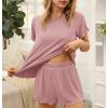 Ekouaer Womens Pajamas 2 Piece Ribbed Knit Pjs Short Sleeve Sleepwear Set Summer Soft Pajamas Set Casual Lounge Sets(Rose Red)