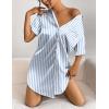 Ekouaer Women’s Satin Nightshirt Button Down Sleepshirt Silk Short Sleeve Nightgown Boyfriend Notch Collar Sleepwear(Blue Stripe)