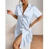 Ekouaer Women’s Satin Nightshirt Button Down Sleepshirt Silk Short Sleeve Nightgown Boyfriend Notch Collar Sleepwear(Blue Stripe)