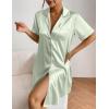 Ekouaer Women’s Satin Nightshirt Button Down Sleepshirt Silk Short Sleeve Nightgown Boyfriend Notch Collar Sleepwear(Light Green)