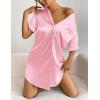 Ekouaer Women’s Satin Nightshirt Button Down Sleepshirt Silk Short Sleeve Nightgown Boyfriend Notch Collar Sleepwear(Pink Stripe)