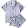 Ekouaer Womens Satin Pajamas Set Button Down 2 Piece Silk Pjs Shorts Set Ruffle Lingerie Notch Collar Sleepwear(Striped Grey Blue)