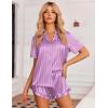 Ekouaer Womens Satin Pajamas Set Button Down 2 Piece Silk Pjs Shorts Set Ruffle Lingerie Notch Collar Sleepwear(Thick Striped Purple)