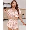 Ekouaer Womens Silk Satin Pajamas Short Sleeve PJS Shorts Set Soft Button Down Sleepwear 2 Piece Loungewear S-5XL(Beige Teddy Bear)