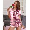 Ekouaer Womens Silk Satin Pajamas Short Sleeve PJS Shorts Set Soft Button Down Sleepwear 2 Piece Loungewear S-5XL(Khaki Red Striped Teddy Bear)