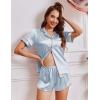 Ekouaer Womens Silk Satin Pajamas Short Sleeve PJS Shorts Set Soft Button Down Sleepwear 2 Piece Loungewear S-5XL(Light Blue With Red Piping)