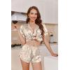 Ekouaer Womens Silk Satin Pajamas Short Sleeve PJS Shorts Set Soft Button Down Sleepwear 2 Piece Loungewear S-5XL(Light Coffee Bear Print)