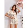Ekouaer Womens Silk Satin Pajamas Short Sleeve PJS Shorts Set Soft Button Down Sleepwear 2 Piece Loungewear S-5XL(Light Coffee Bear Print)