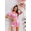 Ekouaer Womens Silk Satin Pajamas Short Sleeve PJS Shorts Set Soft Button Down Sleepwear 2 Piece Loungewear S-5XL(Pink Cherry Print)