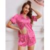 Ekouaer Womens Silk Satin Pajamas Short Sleeve PJS Shorts Set Soft Button Down Sleepwear 2 Piece Loungewear S-5XL(Rose Pink Teddy Bear)