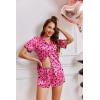 Ekouaer Womens Silk Satin Pajamas Short Sleeve PJS Shorts Set Soft Button Down Sleepwear 2 Piece Loungewear S-5XL(Rose Red Heart Leopard Print)