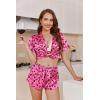 Ekouaer Womens Silk Satin Pajamas Short Sleeve PJS Shorts Set Soft Button Down Sleepwear 2 Piece Loungewear S-5XL(Rose Red Heart Leopard Print)