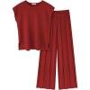 Ekouaer Lounge Sets for Women Two Piece Outfits Knit Cap Sleeve Tops Wide Leg Pleated Pants Casual Dressy Sweater Sets(Dark Red)