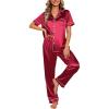 Ekouaer Silk Satin Pajamas Set Women Short Sleeve Sleepwear Soft Button Down Loungewear Pjs Set(Wine Red)