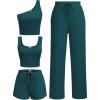 Ekouaer Womens 4 Piece Lounge Sets Ribbed Knit Crop Tank Top and Shorts Pants Casual Outfits(Lake Green)